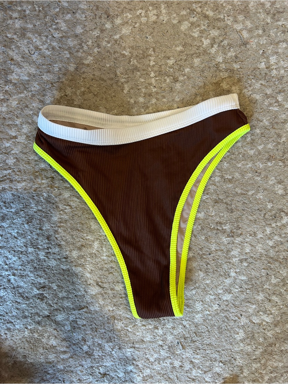 Oneone High-Cut Brown Bikini Bottom with White Waistband and Neon Yellow Trim